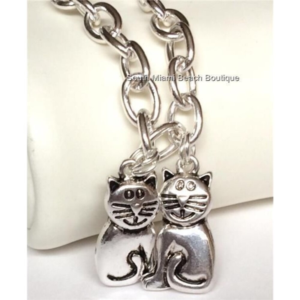 Silver Cat Charm Bracelet Kitty Cats Lover Vet Tech Gift Rescue Plated 7-7.5"